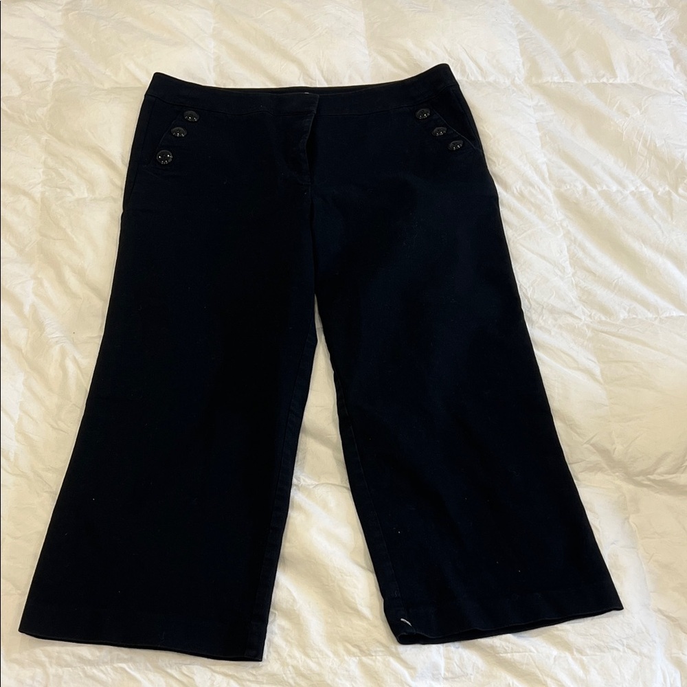LOFT Black Wide-Leg Cropped Pants with Button Details
